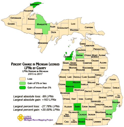 map showing population change by county of MI RNs from 2014 to 2016